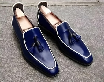 Handmade Men's Blue Leather Tassel Loafers, Formal Dress Shoes