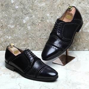 Stylish Handmade Genuine Leather & Suede Black Cap Toe Dress Oxford Shoes For Men, Wedding Shoes for Men, Oxford Office Shoes For Men