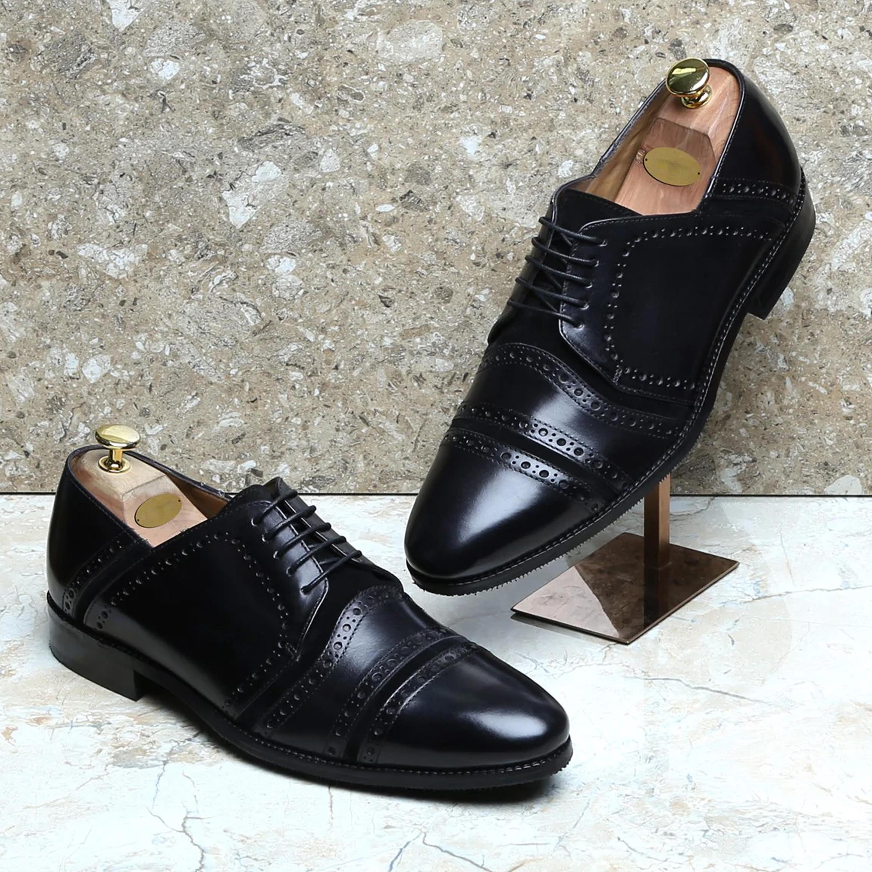 Handmade Leather Cap Toe Oxford Shoes, Black Suede Dress  display picture 2