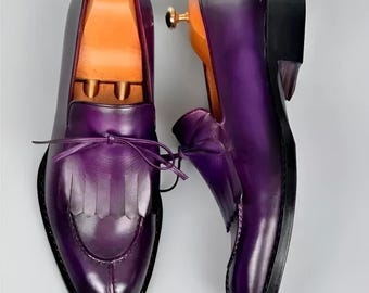 Handmade Men&#39;s Oxford Leather Purple Slip On Dress Fringes Loafer Shoes For Men, Wedding Shoes, Oxford Shoes, Formal Dress Shoes For Men