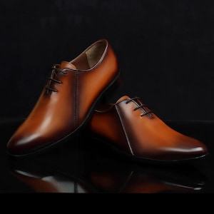 Zapatos formales de oficina con cordones de cuero genuino hechos a mano en marrón/bronceado, zapatos de boda para hombres, regalo para él