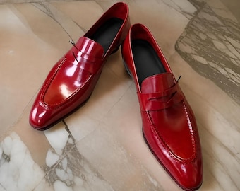 Handgefertigte rote Penny Loafer aus Leder für Herren – formelle Herrenschuhe