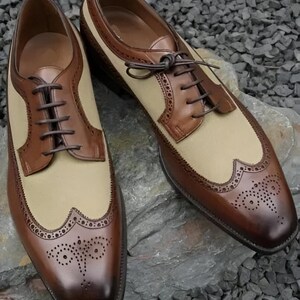 Men&#39;s Handmade Spectator Leather Dress Shoes Two Tone Wingtip Derby Formal Shoe Gift for Him, Oxford Lace Up Party Wedding Stylish Shoes
