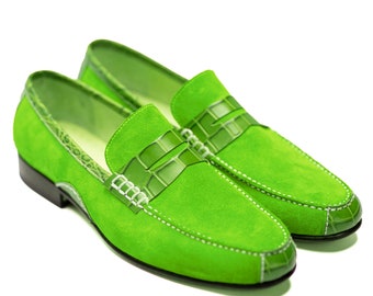 Handmade Green Suede Leather Loafers, Men's Dress Shoes