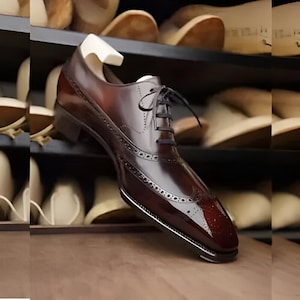 Handmade Goodyear Welted Brown Leather Wingtip Brogue Oxford Lace Up Men&#39;s Shoes, Office Shoes for Men, Oxford Shoes, Christmas Gift For Him