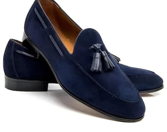 Handmade Navy Suede Tassel Loafers, Men's Leather Moccasins