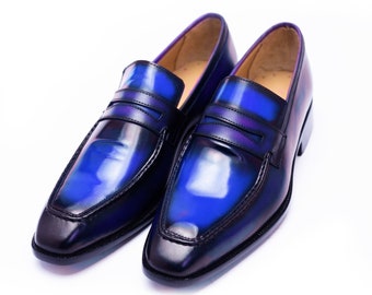 Handmade Leather Blue Loafers, Slip-On Moccasin Dress Shoes