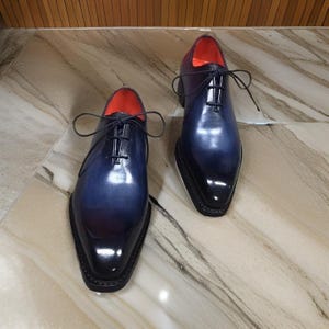 Handmade Two Toned Genuine Leather Blue Oxford Lace Up Dress Shoes For Men, Wedding Shoes for Men, Gift for Him, Oxford Lace Up Shoes