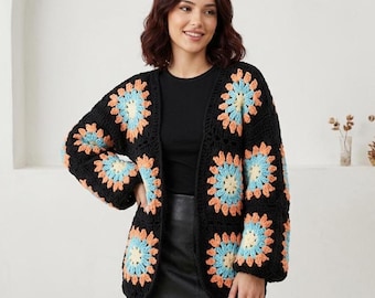 Handgemachte Retro Blüten häkeln Cardigan - Grobstrick Oma Quadrat Statement Mantel