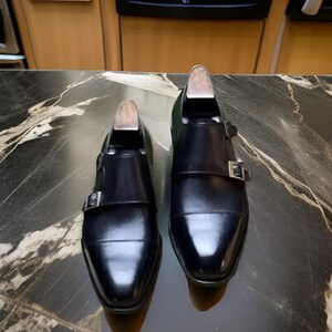 Scarpe eleganti Oxford in vera pelle nera fatte a mano da uomo, scarpe eleganti con doppia fibbia, scarpe da ufficio per uomo, scarpe Oxford, regalo di Natale per lui