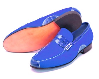 Handmade Genuine Suede Leather Blue Slip On Loafer Moccasin Shoes For Men, Party Dress Shoes For Men, Slip On Moccasin Shoes, Gift For Him