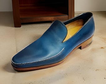 Handmade Blue Leather Moccasin Loafers, Formal Slip-Ons