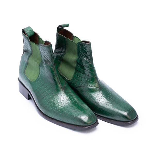 Handmade Green Leather Chelsea Boots, Alligator Print, Men display picture 2