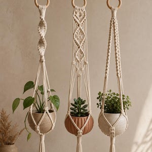May include: Three off-white macrame plant hangers suspended from wooden rings. Each hanger features distinct knotted patterns and holds a small potted plant, including a green leafy plant, a succulent, and a small shrub in ceramic pots.