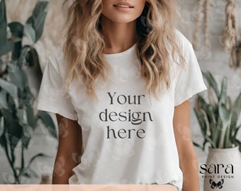 Modello femminile Mockup, t-shirt donna Mockup, Boho mockp, Lifestyle MockuP, stampa su richiesta nuovo pacchetto Mockup Shop, modello donna t-shirt naturale