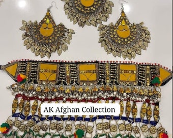 Tour de tête et boucles d'oreilles traditionnels afghans kochi jaunes pour femme