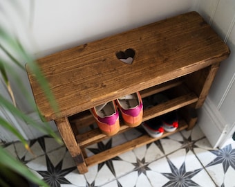 Handmade Rustic Shoe Rack Reclaimed Wood Bench with Heart Carving Farmhouse Hallway Bench & Walking Boot Storage bench with shoe storage