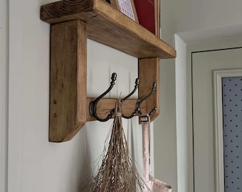 Handmade Rustic Wood Coat Rack with Shelf & Cast Iron Hooks