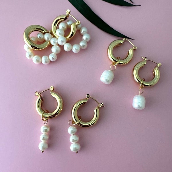 Freshwater Pearl  Chunky 14K Gold Plated Hoop Earrings, Pearl Drop Earrings, Wedding Bridesmaids Jewelry, Pearl Huggie Earring