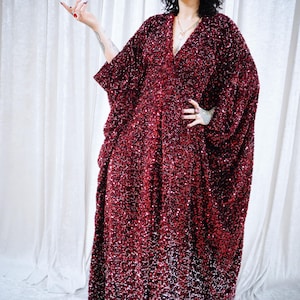 She-Devil Red Sequin Velvet V-Neck Kaftan Gown