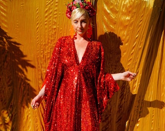 Red Metallic Holographic Sequin Kaftan Gown Dress Freesize