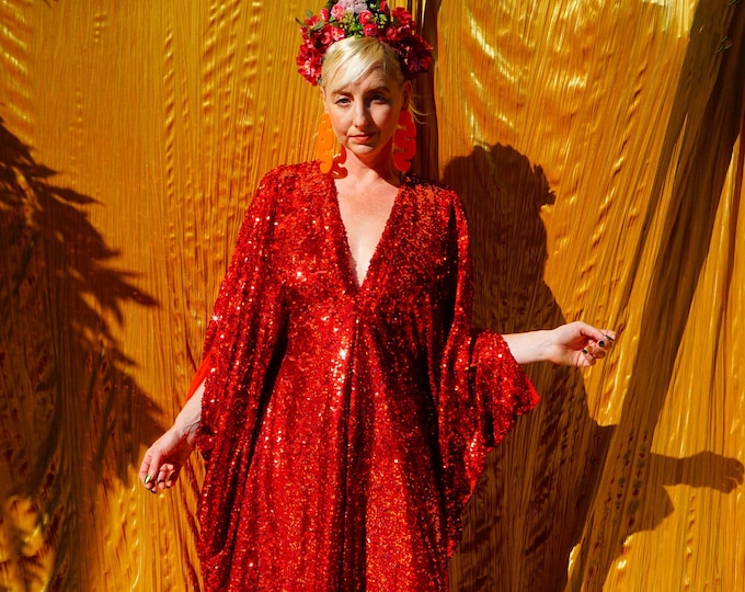 Holographic Red Metallic Sequin Kaftan Gown, Freesize