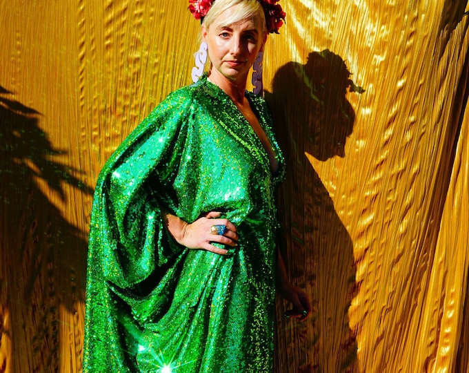 Holographic Emerald Green Sequin Kaftan Gown, Freesize