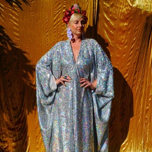 Silver Metallic Holographic Sequin Kaftan Gown Dress Freesize