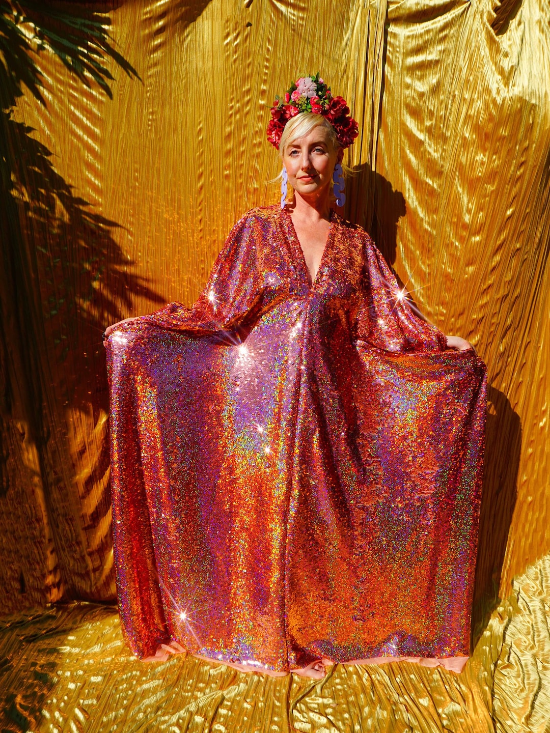 gold sequin kaftan dress Mac Duggal Women's One Shoulder Ombre Sequin Kaftan Dress