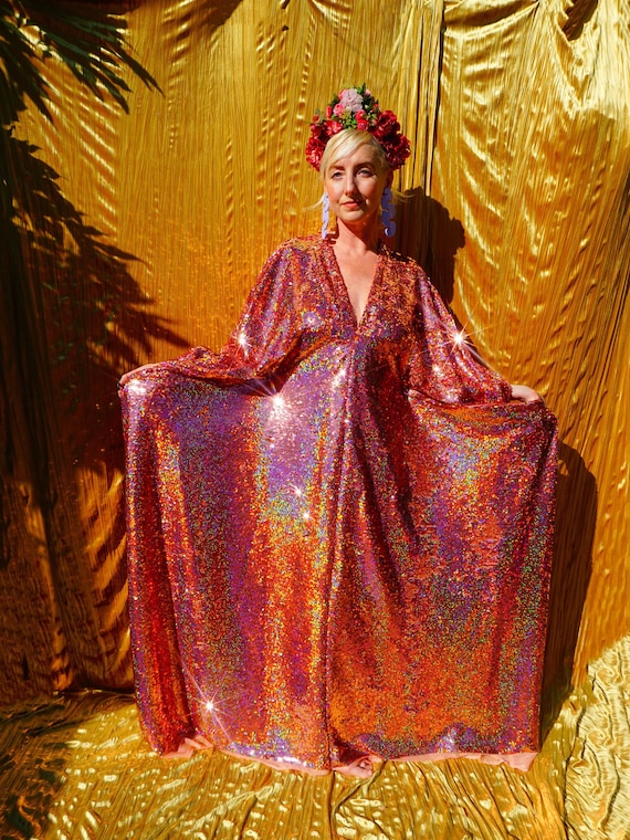 green emerald velvet dress Gold Sequin Fringe Long Caftan main image 1