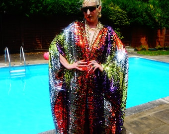 Rainbow Waterfall Sparkle Sequin Kaftan Gown or Kimono Robe Freesize