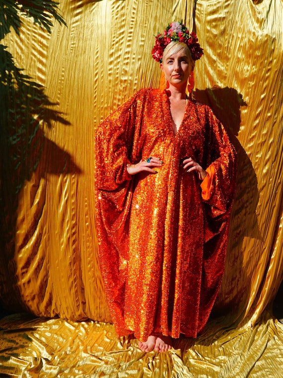 kaftan sequin dress Gold Sequin Caftan Kimono Party Dress One size Gold / 48"