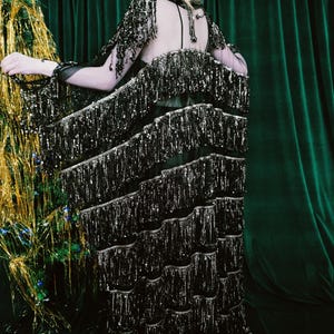 Puede incluir: Vestido negro con capas de flecos plateados. El vestido tiene la espalda y las mangas transparentes, y se lleva delante de una cortina de terciopelo verde. A la izquierda se ve un peque&ntilde;o &aacute;rbol de Navidad.