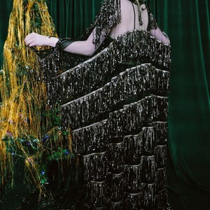 Puede incluir: Vestido negro largo con filas escalonadas de flecos plateados. El vestido tiene la espalda y las mangas transparentes. Un peque&ntilde;o &aacute;rbol de Navidad decorado con una estrella se encuentra en el fondo.