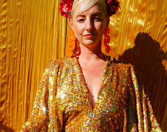 gold sequin kaftan dress Woman Gold Sequin Diva Sequin Kaftan with Front And Back Deep V-Neck and Sheer Finish 2001881