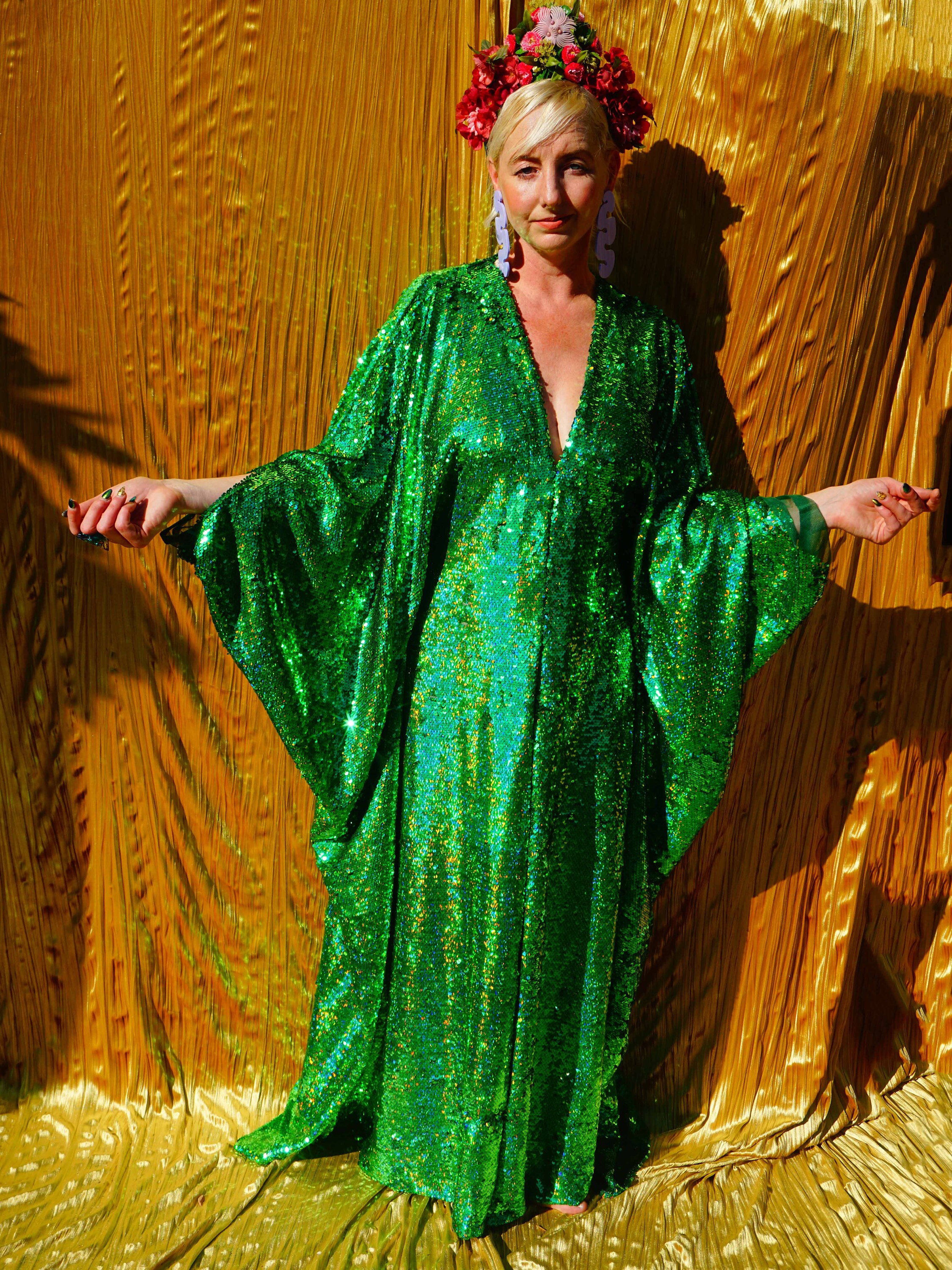 Holographic Emerald Green Sequin Kaftan Gown, Freesize Holographic Emerald Green Sequin Kaftan Gown, Freesize