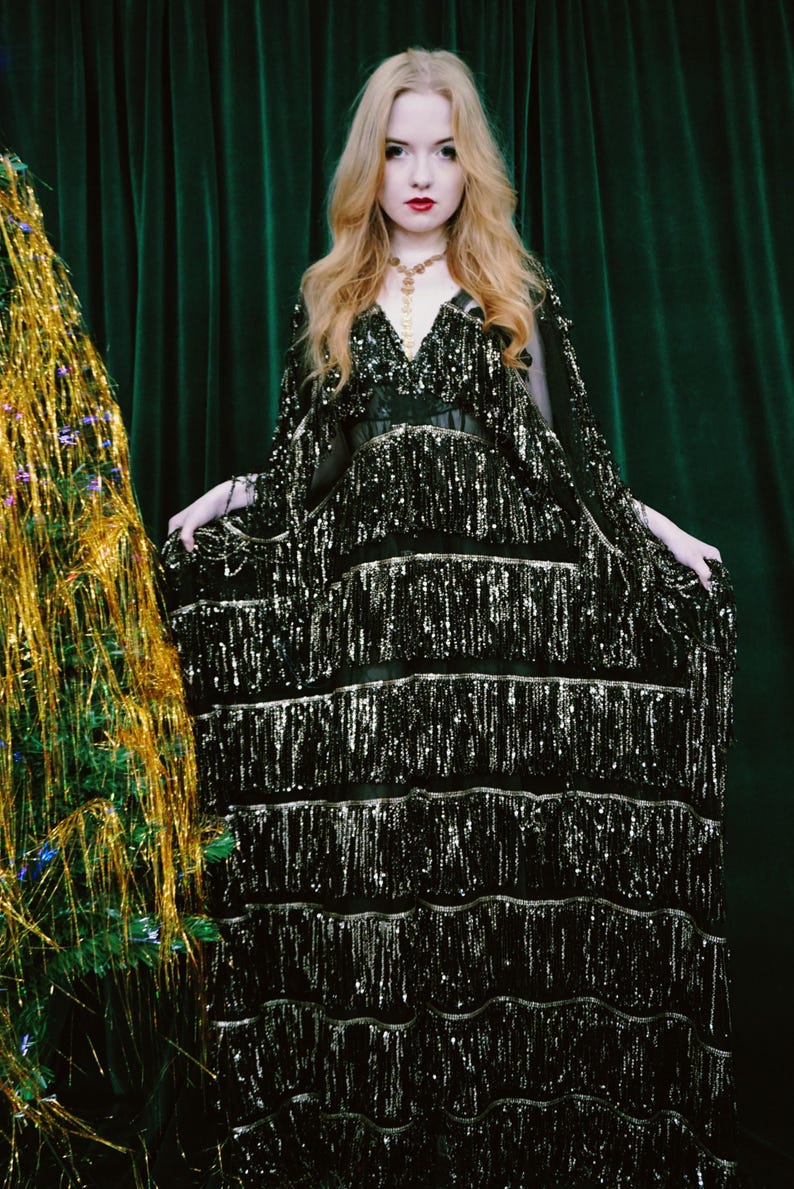 Vestido caftán con escote en V y lentejuelas y flecos de medianoche, talla única imagen 1