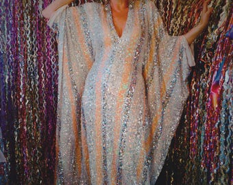 White, Silver, and Peach Stripe V-Neck Maxi Dress Kaftan