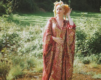 Fuzzy Eyelash in Crimson red and gold sequins Kaftan Gown / Dress/ freesize XXL