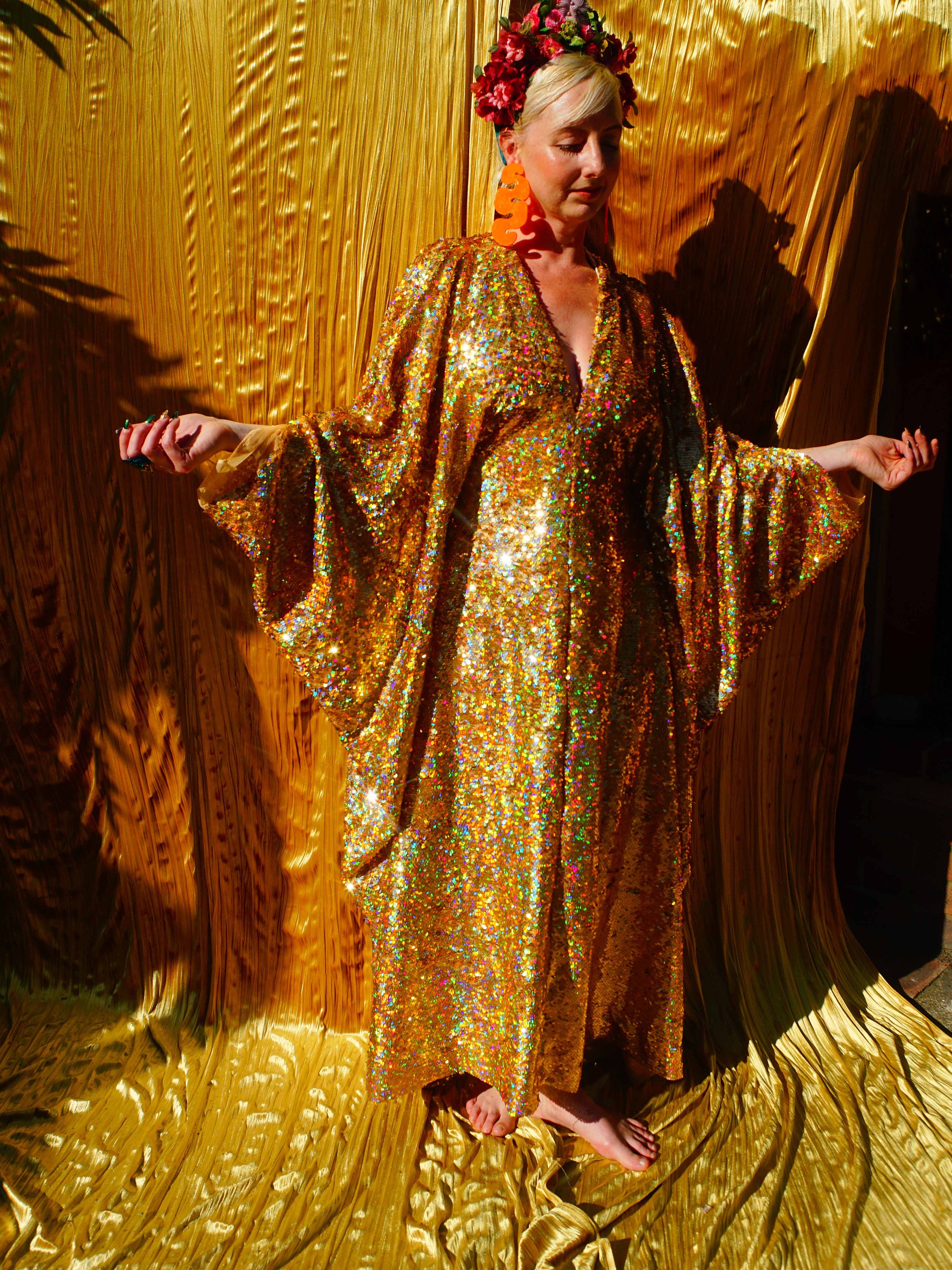 Holographic Gold Sequin V Neck Kaftan Gown, Freesize