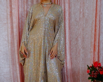 Champagne Shimmer Sequin V Neck Kaftan Gown, Freesize