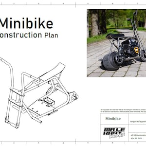 Op de afbeelding: Een zwart-witte lijntekening van een minibike-bouwplan. De tekening toont het frame, het stuur en de zitting van de minibike. De tekening is gelabeld "Minibike Construction Plan".