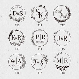 May include: Eight different wedding stamp designs with floral wreaths and initials. The designs include "D&S", "SK", "A&A", "K&R", "PR", "J&R", "WA", "J+S", and "MR". Some designs also include the date of the wedding.