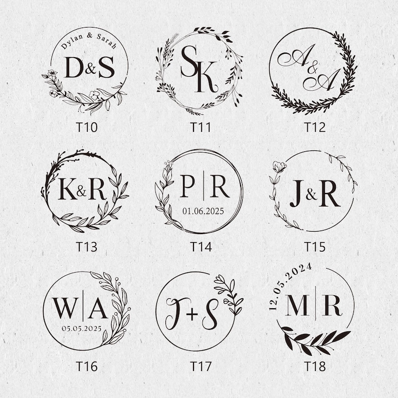 May include: Eight different wedding stamp designs with floral wreaths and initials. The designs include "D&S", "SK", "A&A", "K&R", "PR", "J&R", "WA", "J+S", and "MR". Some designs also include the date of the wedding.