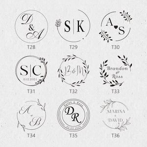 May include: A set of 6 black and white wedding stamp designs with floral wreaths and initials. The designs include the initials "D & A", "S K", "A & S", "S & C", "B & M", "Brandon & Ross", "A + B", "D & R", and "Marina + David".