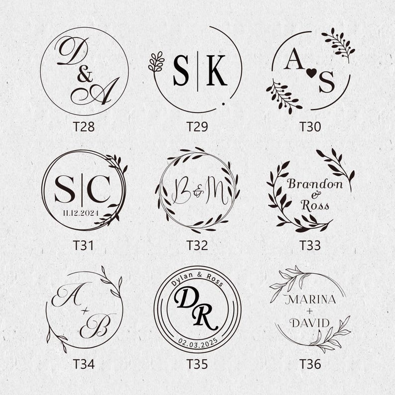 May include: A set of 6 black and white wedding stamp designs with floral wreaths and initials. The designs include the initials "D & A", "S K", "A & S", "S & C", "B & M", "Brandon & Ross", "A + B", "D & R", and "Marina + David".