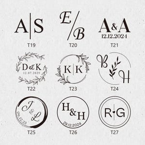May include: A set of 10 different wedding stamp designs featuring various initials and dates. The stamps are black and white and have a simple, elegant design.