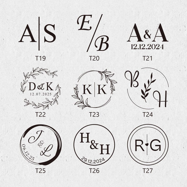 May include: A set of 10 different wedding stamp designs featuring various initials and dates. The stamps are black and white and have a simple, elegant design.
