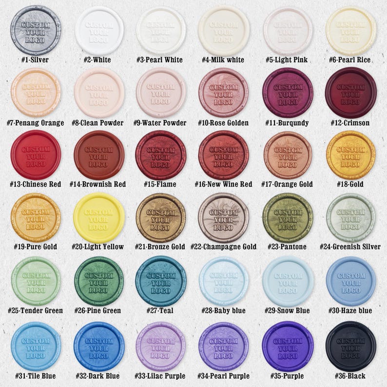 May include: Thirty-six different colored wax seals with the text "Custom Your Logo" in white. The wax seals are arranged in six rows of six seals each.