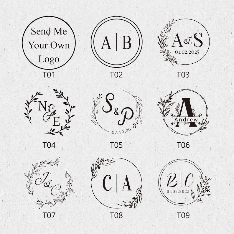 May include: Nine different designs for custom logo stamps. The stamps feature a variety of styles, including initials, names, and dates. The stamps are perfect for adding a personal touch to your projects.